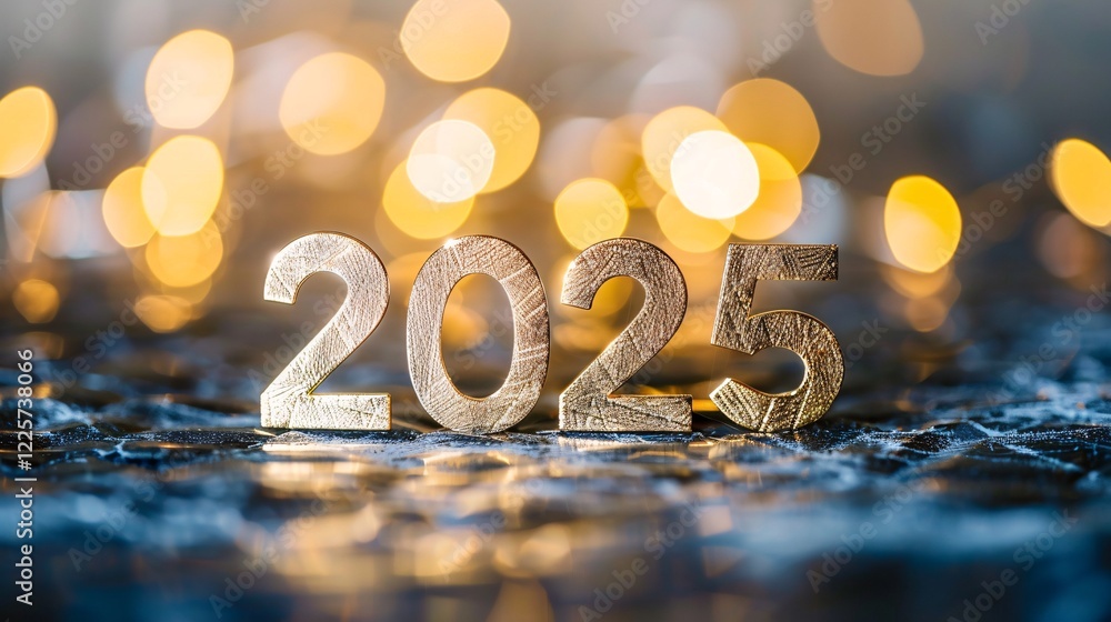 Poster Gold glitter numbers reflecting on a table with sparkling lights in the background celebrating the new year 2025