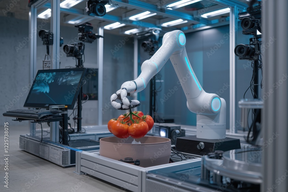 Poster robotic arm picking tomatoes in a controlled environment