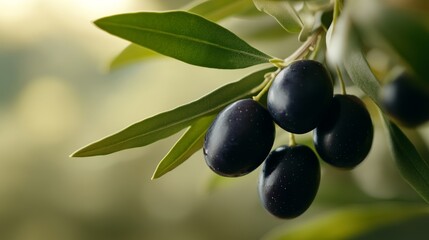 Freshly picked olives hanging from a vibrant green olive tree branch at sunset in a Mediterranean grove