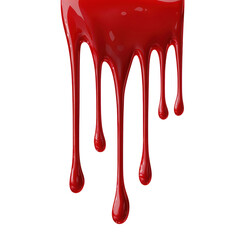 Bright red paint flows down, creating long droplets and puddles, isolated on a transparent background. PNG