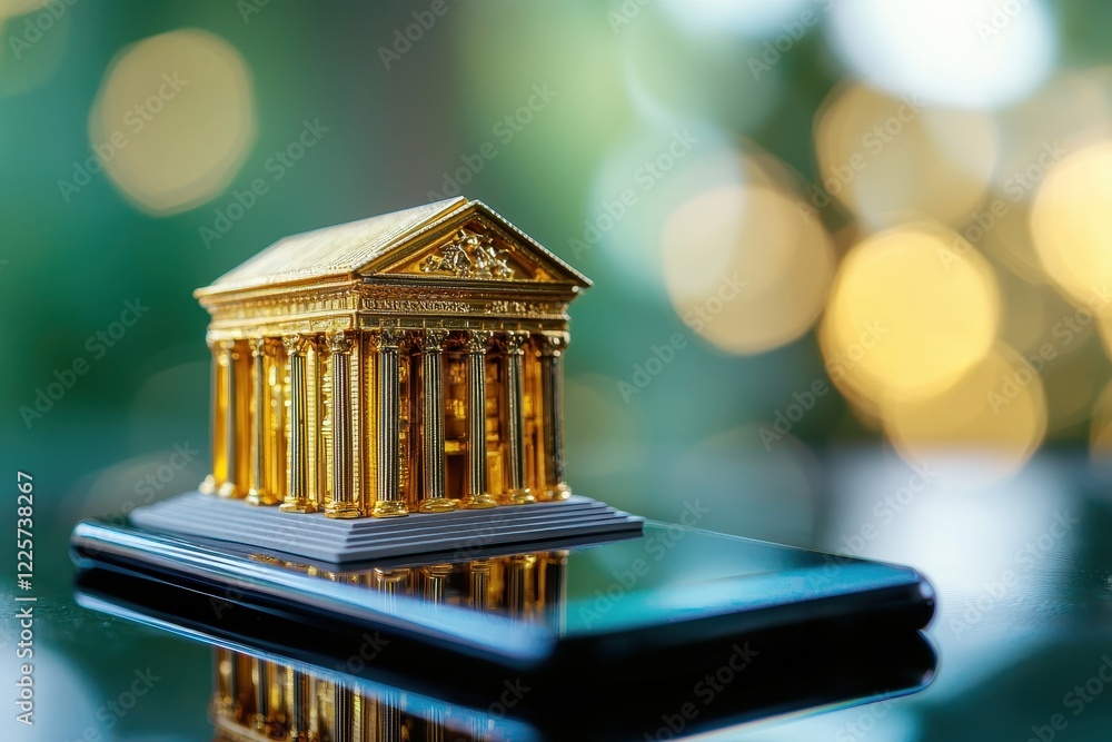 Poster a miniature golden building rests on a smartphone, with a blurred background featuring soft bokeh li