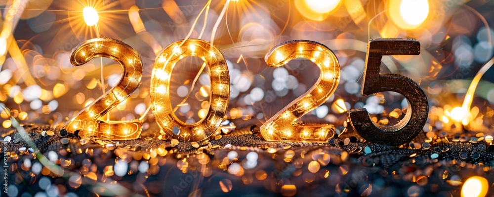 Poster 2025 lighted numbers resting on golden confetti with bright sparkles in new year's eve celebration