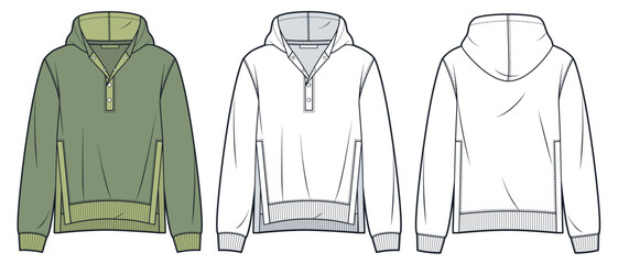 Snap-Button Hoodie with Ribbed Details technical fashion illustration. Sweatshirt fashion flat technical drawing template, side slit, front, back view, white, green, women, men, unisex CAD mockup set. © Liubov Hladka