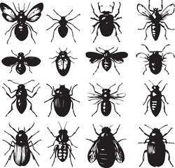 A set of insects silhouettes for flat design. Hand drawn vector illustration