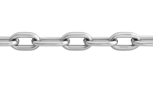 Inspecting a shiny metallic chain with smooth links, isolated on a transparent background. PNG