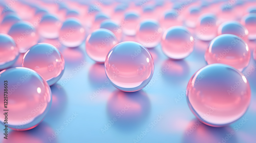 Poster abstract blue and pink three-dimensional background of many spheres separated from each other and re