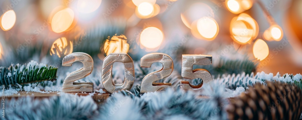 Poster golden 2025 new year sign standing on snowy wooden surface with fir tree branches and lights in the 