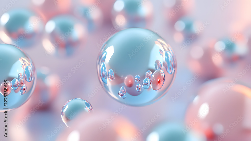 Poster abstract blue and pink three-dimensional background of many spheres separated from each other and re