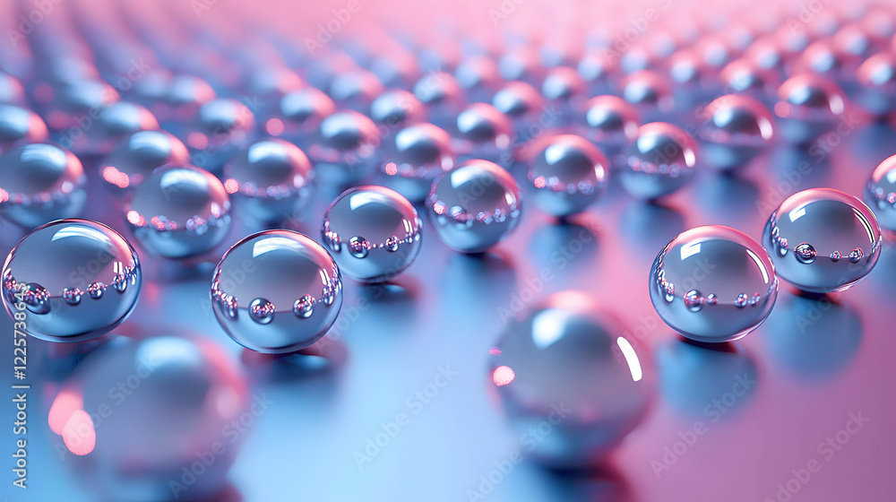 Poster abstract blue and pink three-dimensional background of many spheres separated from each other and re