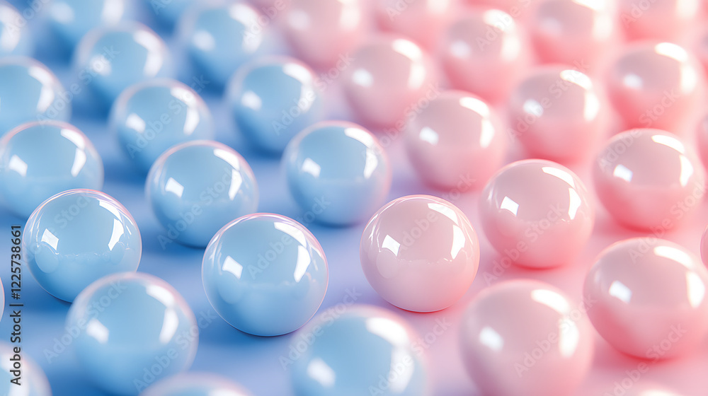 Poster abstract blue and pink three-dimensional background of many spheres separated from each other and re