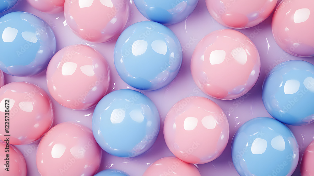 Poster abstract blue and pink three-dimensional background of many spheres separated from each other and re
