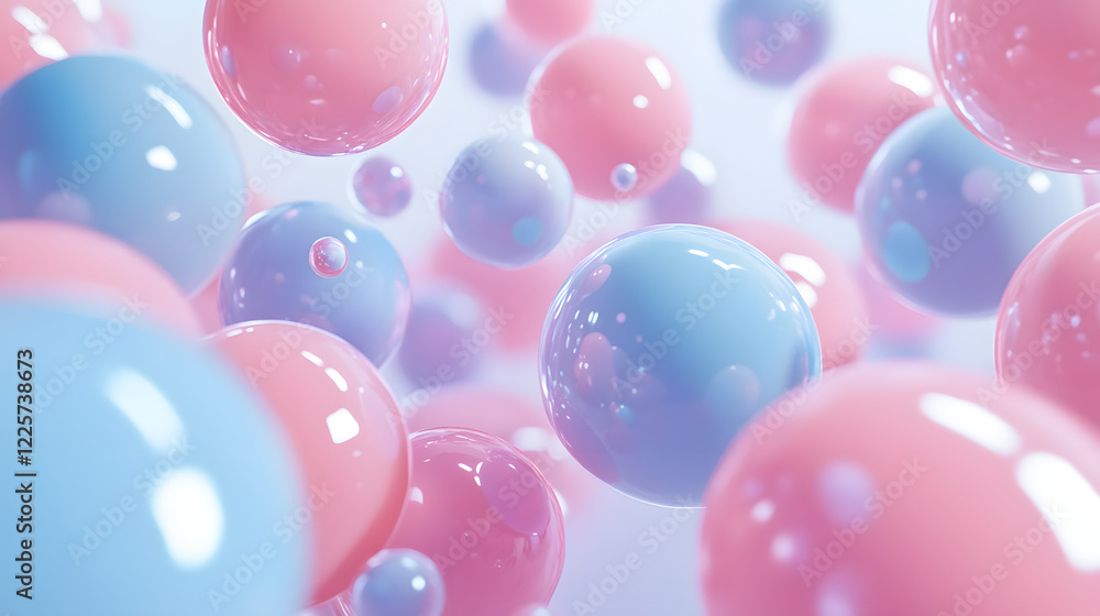 Poster abstract blue and pink three-dimensional background of many spheres separated from each other and re