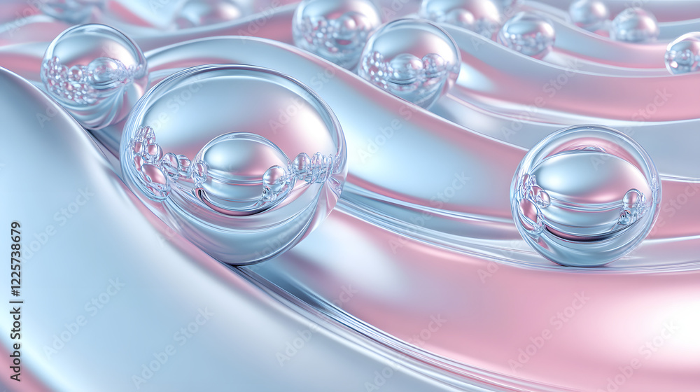 Poster abstract blue and pink three-dimensional background of many spheres separated from each other and re