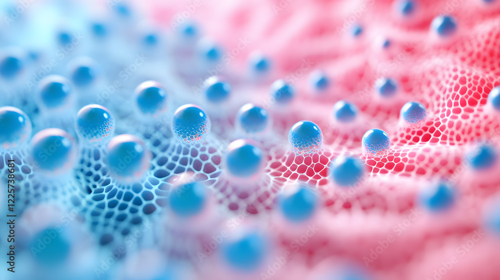 Poster abstract blue and pink three-dimensional background of many spheres separated from each other and re