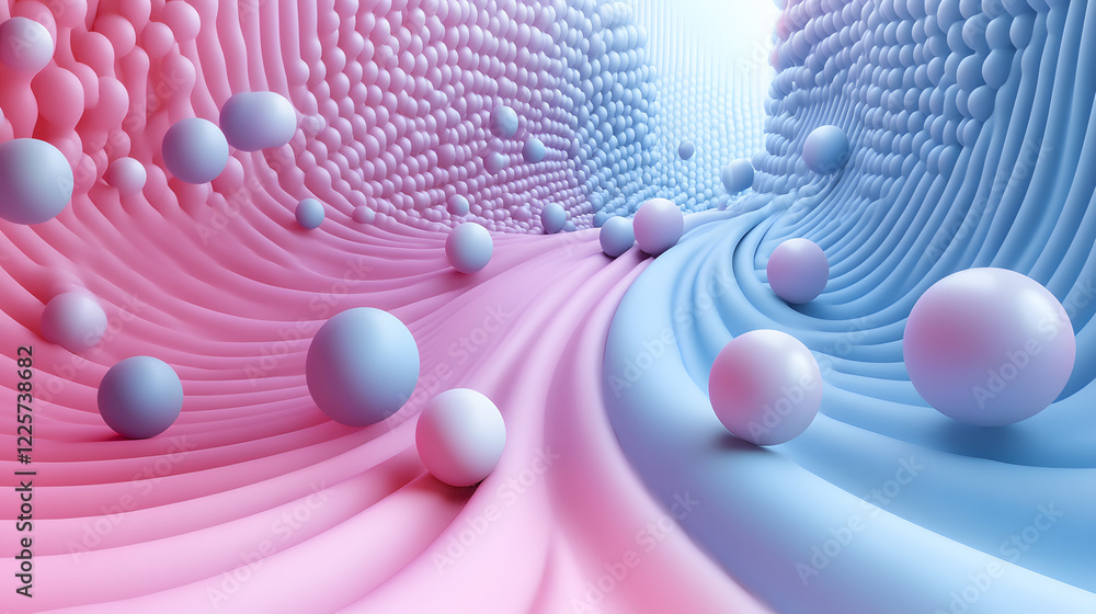 Poster abstract blue and pink three-dimensional background of many spheres separated from each other and re