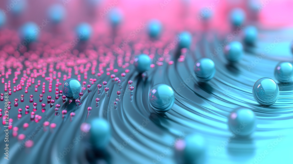 Poster abstract blue and pink three-dimensional background of many spheres separated from each other and re