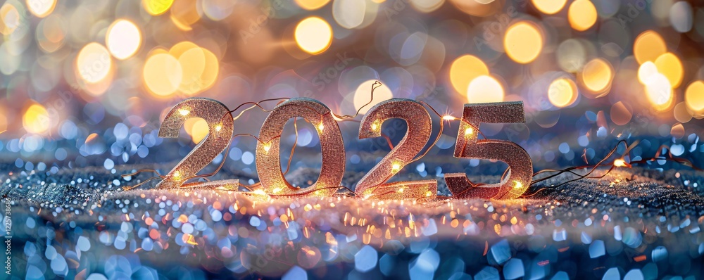 Aufkleber glittery 2025 new year sign with sparkling string lights on a glittery background