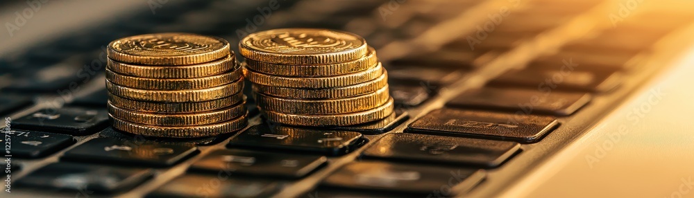 Poster stacks of coins on a laptop keyboard symbolize the intersection of finance and technology, highlight