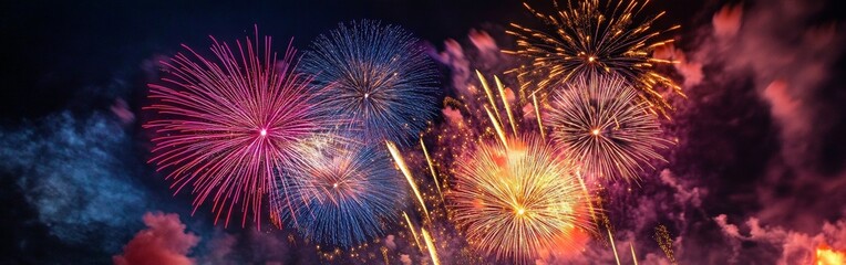 Vibrant fireworks illuminate the dark sky, creating a captivating display of colors and patterns. The festival atmosphere is enhanced by celebratory cheers and excitement all around