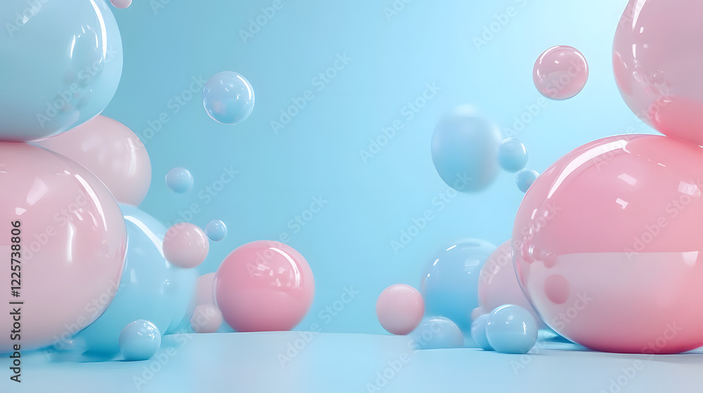 Poster abstract blue and pink three-dimensional background of many spheres separated from each other and re