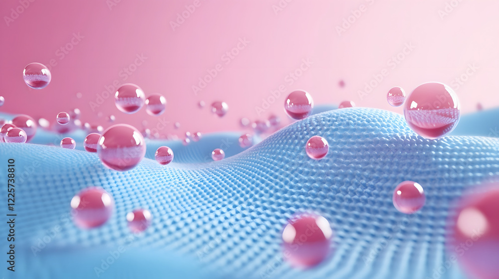 Poster abstract blue and pink three-dimensional background of many spheres separated from each other and re