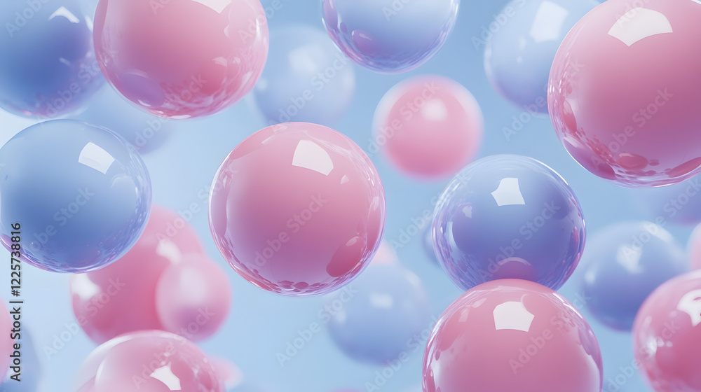 Poster abstract blue and pink three-dimensional background of many spheres separated from each other and re