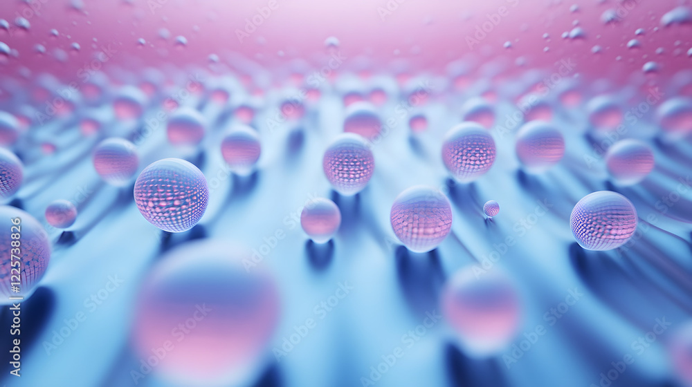 Poster abstract blue and pink three-dimensional background of many spheres separated from each other and re