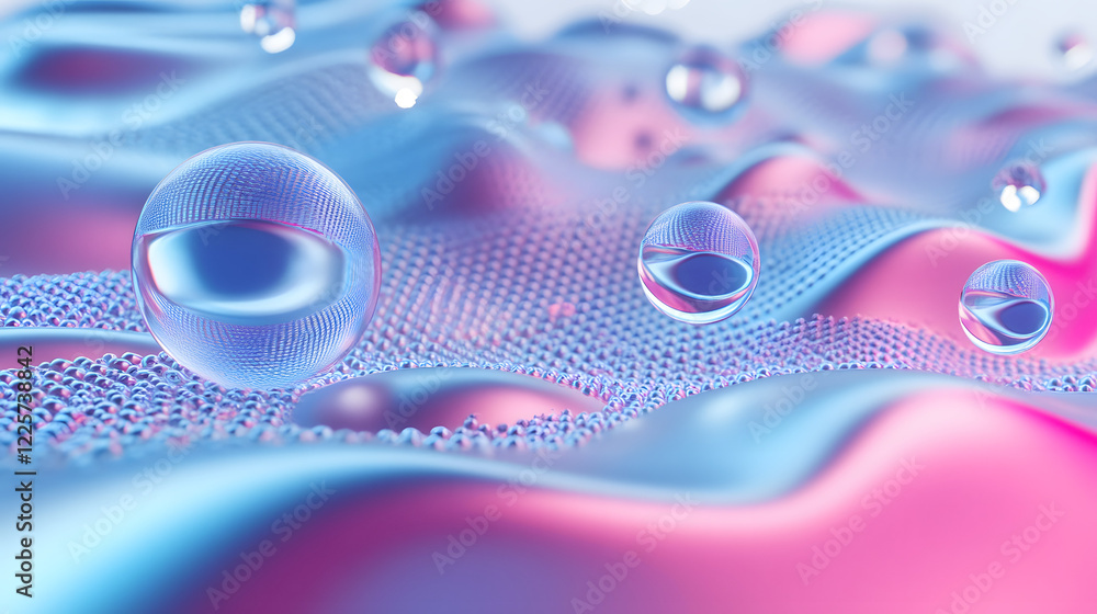 Poster abstract blue and pink three-dimensional background of many spheres separated from each other and re