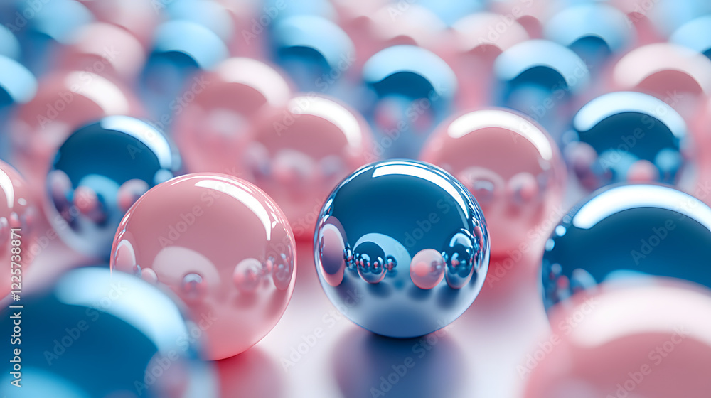 Poster abstract blue and pink three-dimensional background of many spheres separated from each other and re