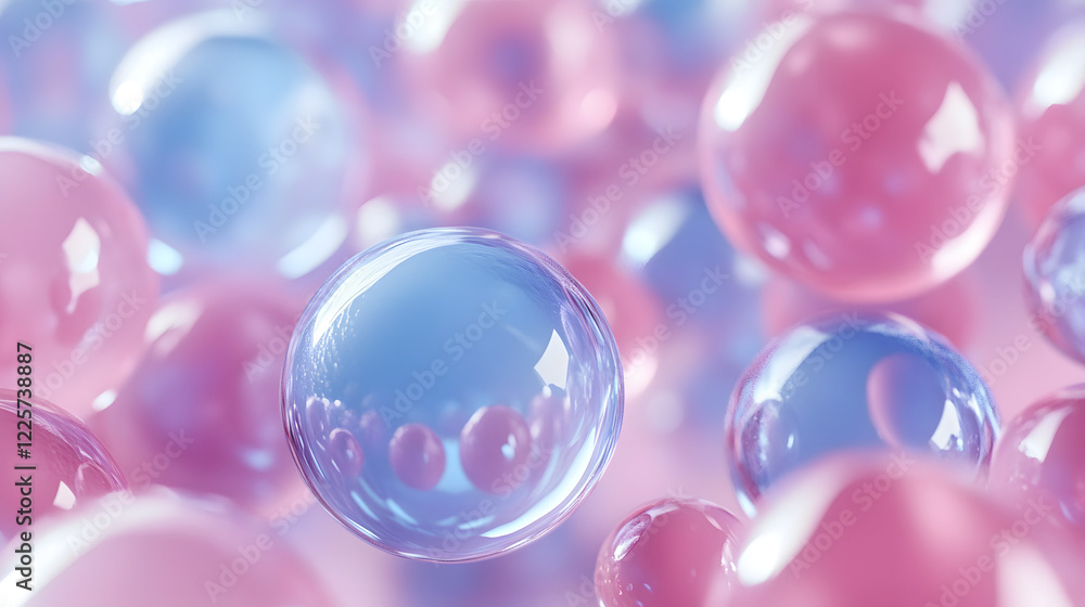 Poster abstract blue and pink three-dimensional background of many spheres separated from each other and re
