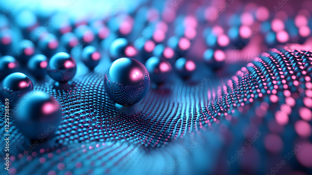 Poster abstract blue and pink three-dimensional background of many spheres separated from each other and re