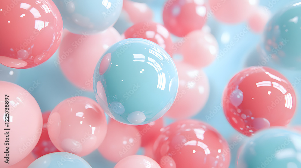 Poster abstract blue and pink three-dimensional background of many spheres separated from each other and re