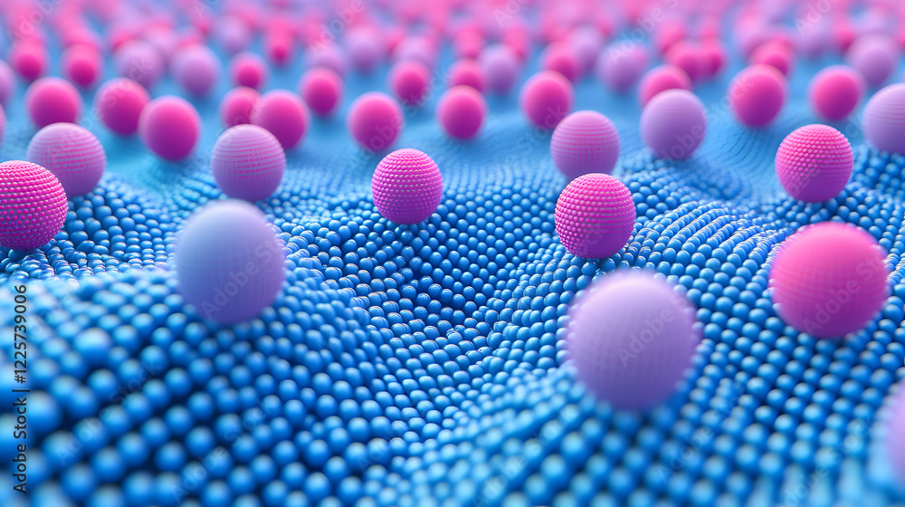Poster abstract blue and pink three-dimensional background of many spheres separated from each other and re