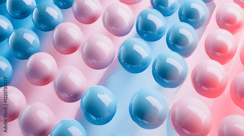 Poster abstract blue and pink three-dimensional background of many spheres separated from each other and re