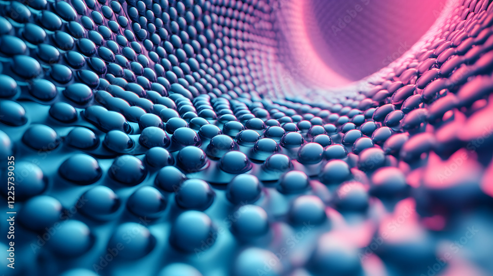 Poster abstract blue and pink three-dimensional background of many spheres separated from each other and re