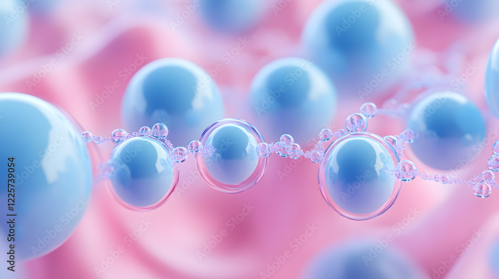 Poster abstract blue and pink three-dimensional background of many spheres separated from each other and re