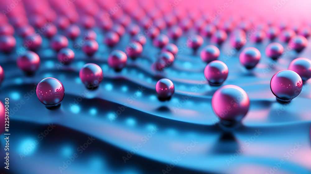 Poster abstract blue and pink three-dimensional background of many spheres separated from each other and re