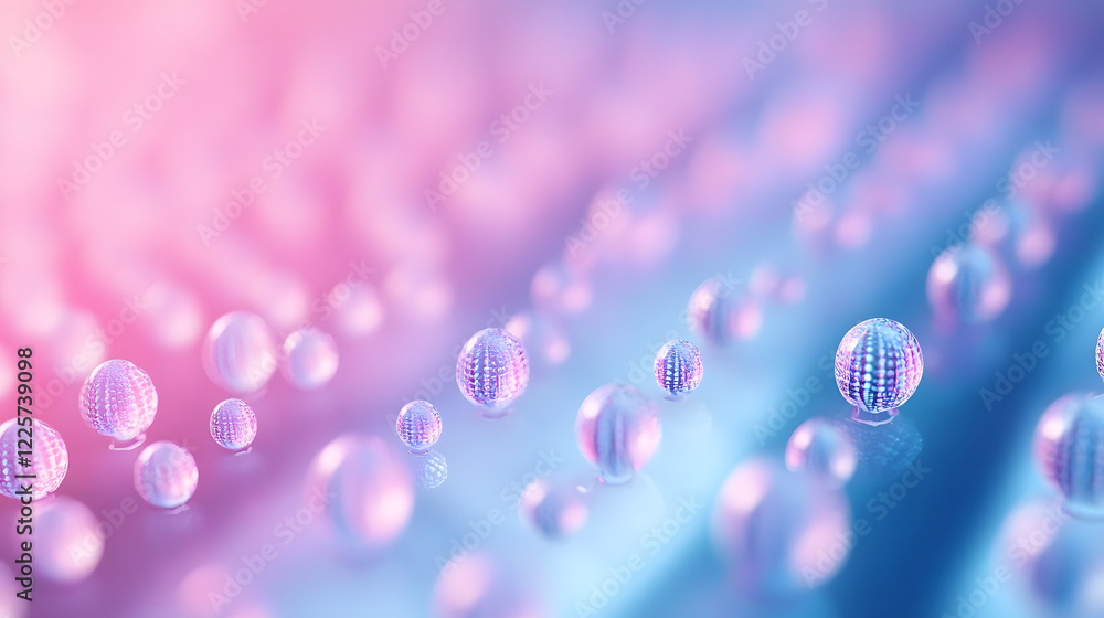 Poster abstract blue and pink three-dimensional background of many spheres separated from each other and re
