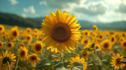 Obraz premium A field of yellow sunflowers with a single yellow flower in the foreground
