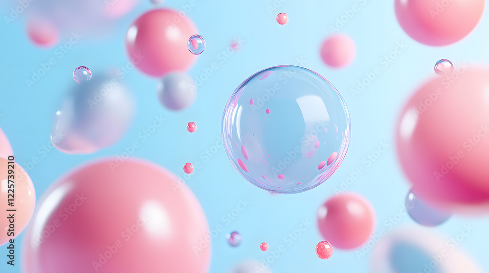 Poster abstract blue and pink three-dimensional background of many spheres separated from each other and re