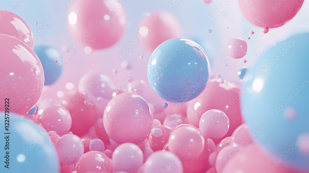 Poster abstract blue and pink three-dimensional background of many spheres separated from each other and re