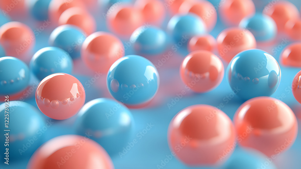 Poster abstract blue and pink three-dimensional background of many spheres separated from each other and re