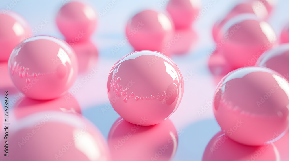 Poster abstract blue and pink three-dimensional background of many spheres separated from each other and re