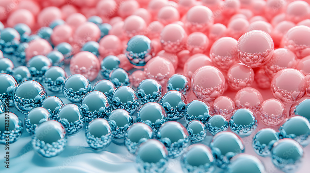 Poster abstract blue and pink three-dimensional background of many spheres separated from each other and re