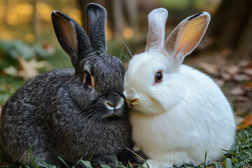 Two adorable bunnies sitting next to each other on the grass in a natural setting. 
