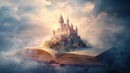 Fototapeta premium A fairytale castle rising from an open book, symbolizing the power of stories and imagination, ideal for children's literature and fantasy artwork.
