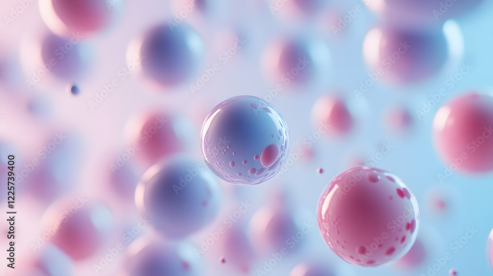 Poster abstract blue and pink three-dimensional background of many spheres separated from each other and re