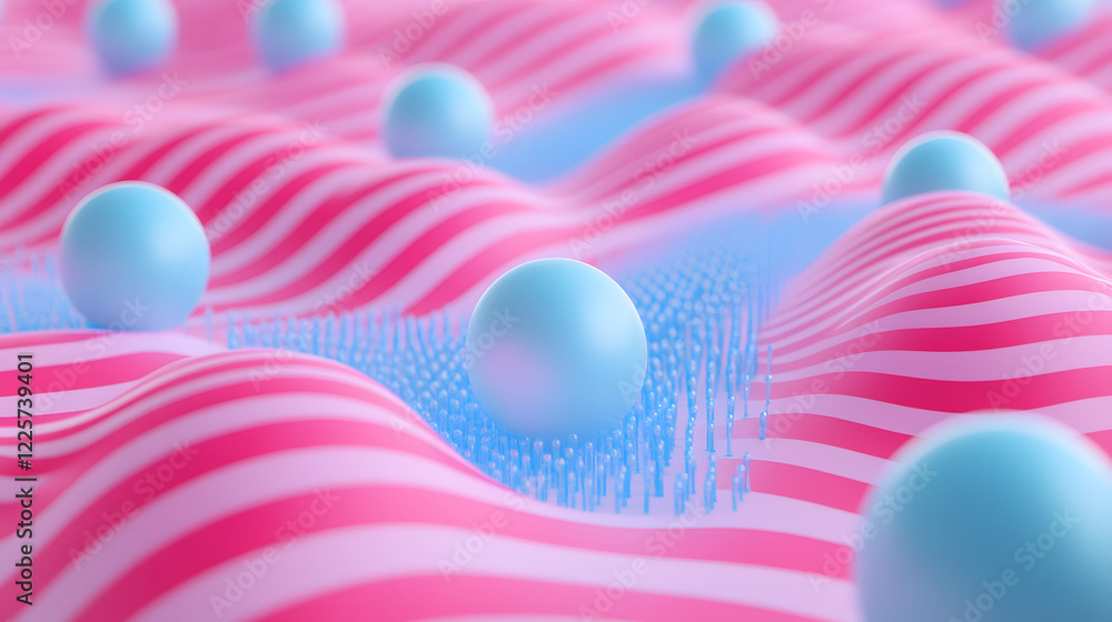 Poster abstract blue and pink three-dimensional background of many spheres separated from each other and re