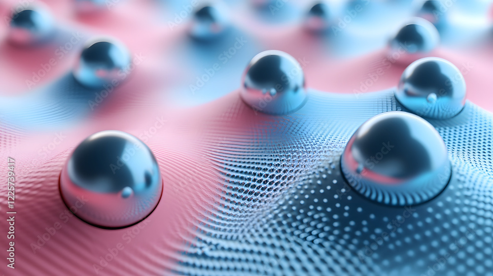 Poster abstract blue and pink three-dimensional background of many spheres separated from each other and re