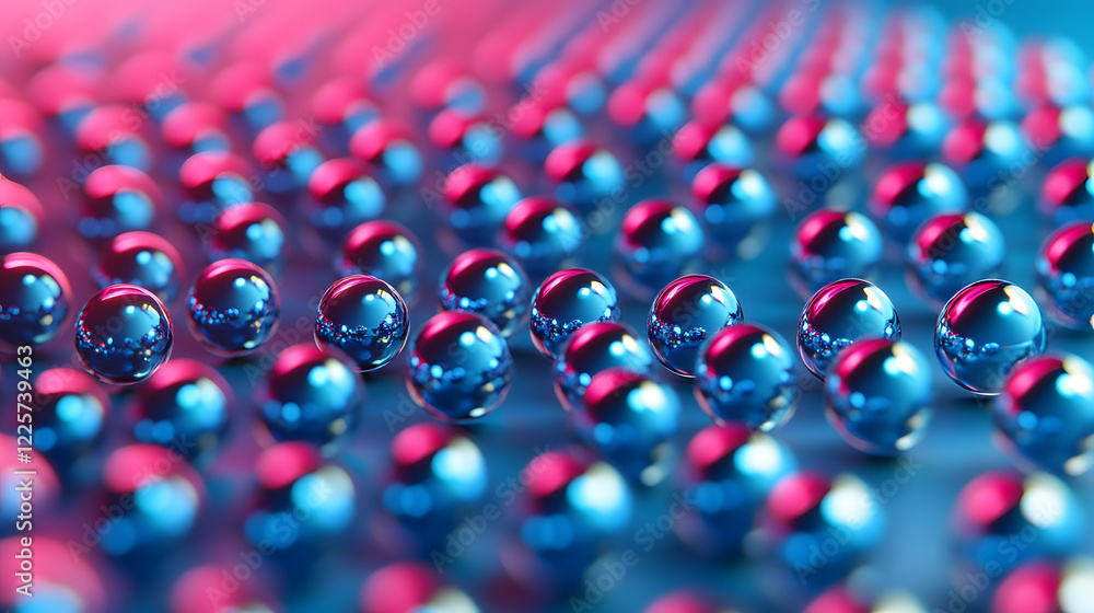 Poster abstract blue and pink three-dimensional background of many spheres separated from each other and re